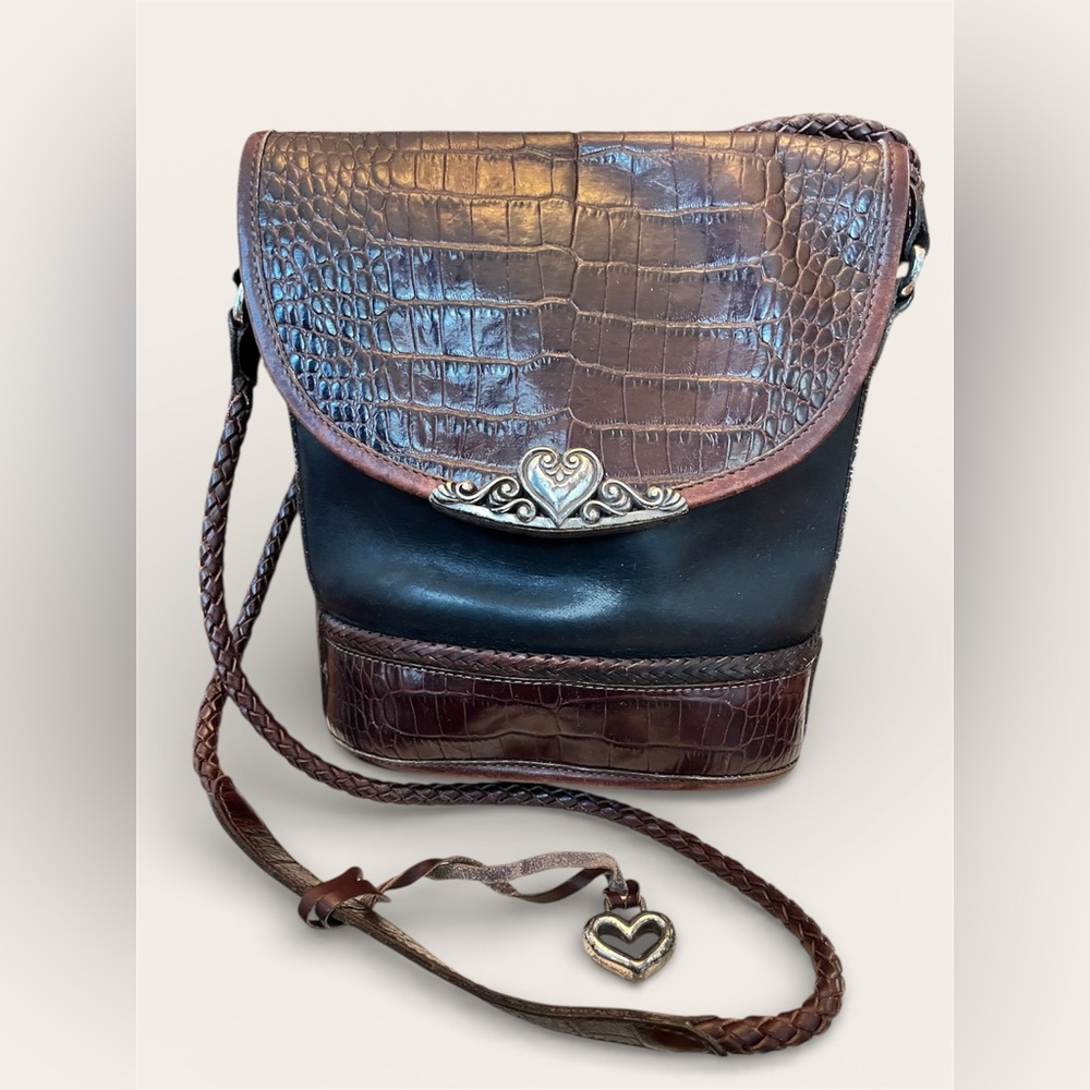 Brighton Collection Vintage Black Leather & Brown Croc-Embossed Crossbody (GUC)